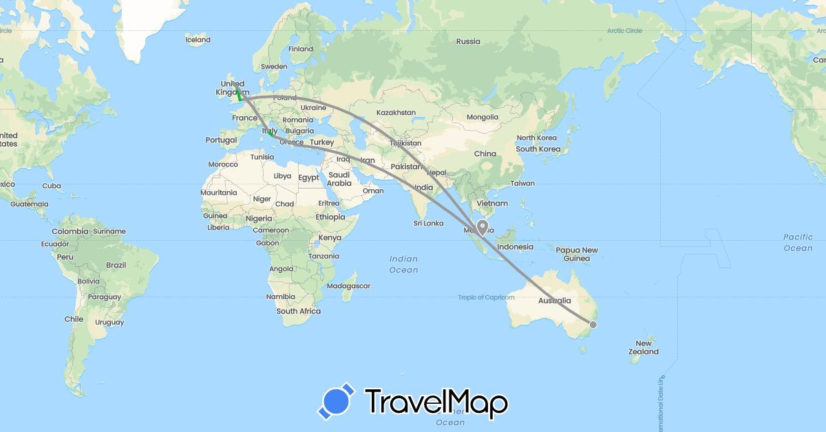 TravelMap itinerary: driving, bus, plane in Australia, United Kingdom, Greece, Italy, Singapore (Asia, Europe, Oceania)